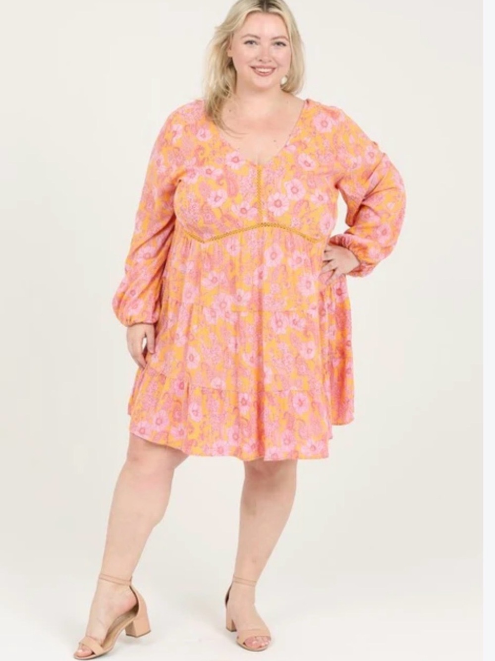 Romantic Gypsy Womens Pink & Yellow Floral V-Neck Dress